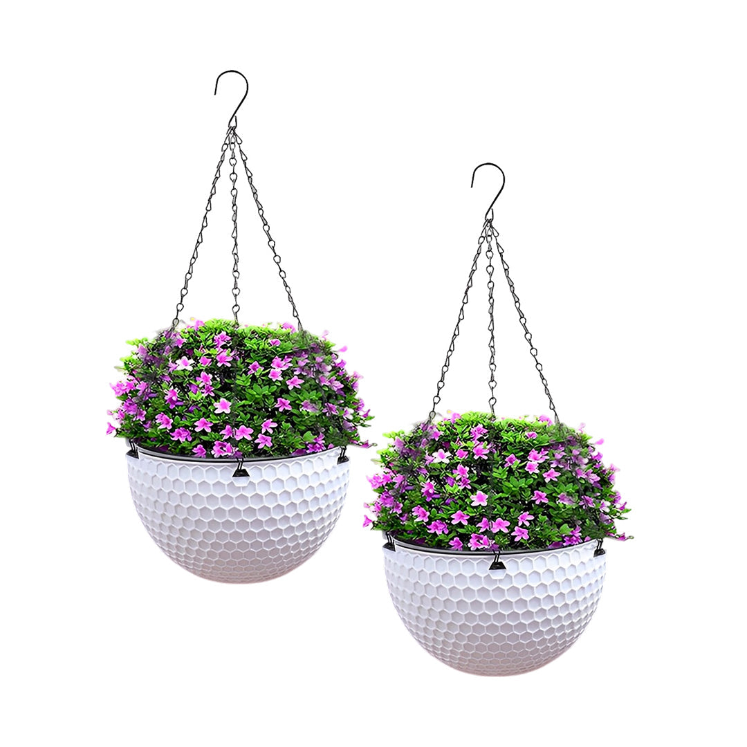 NNEAGS 2X White Small Hanging Resin Flower Pot Self Watering Basket Planter Outdoor Garden Decor-0