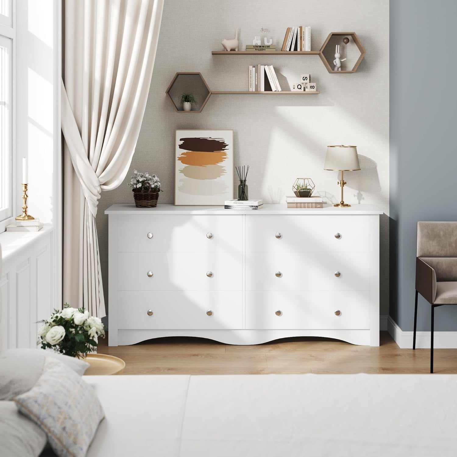 6 Drawer Dresser and TV Stand in White for 65 Inch TV-3