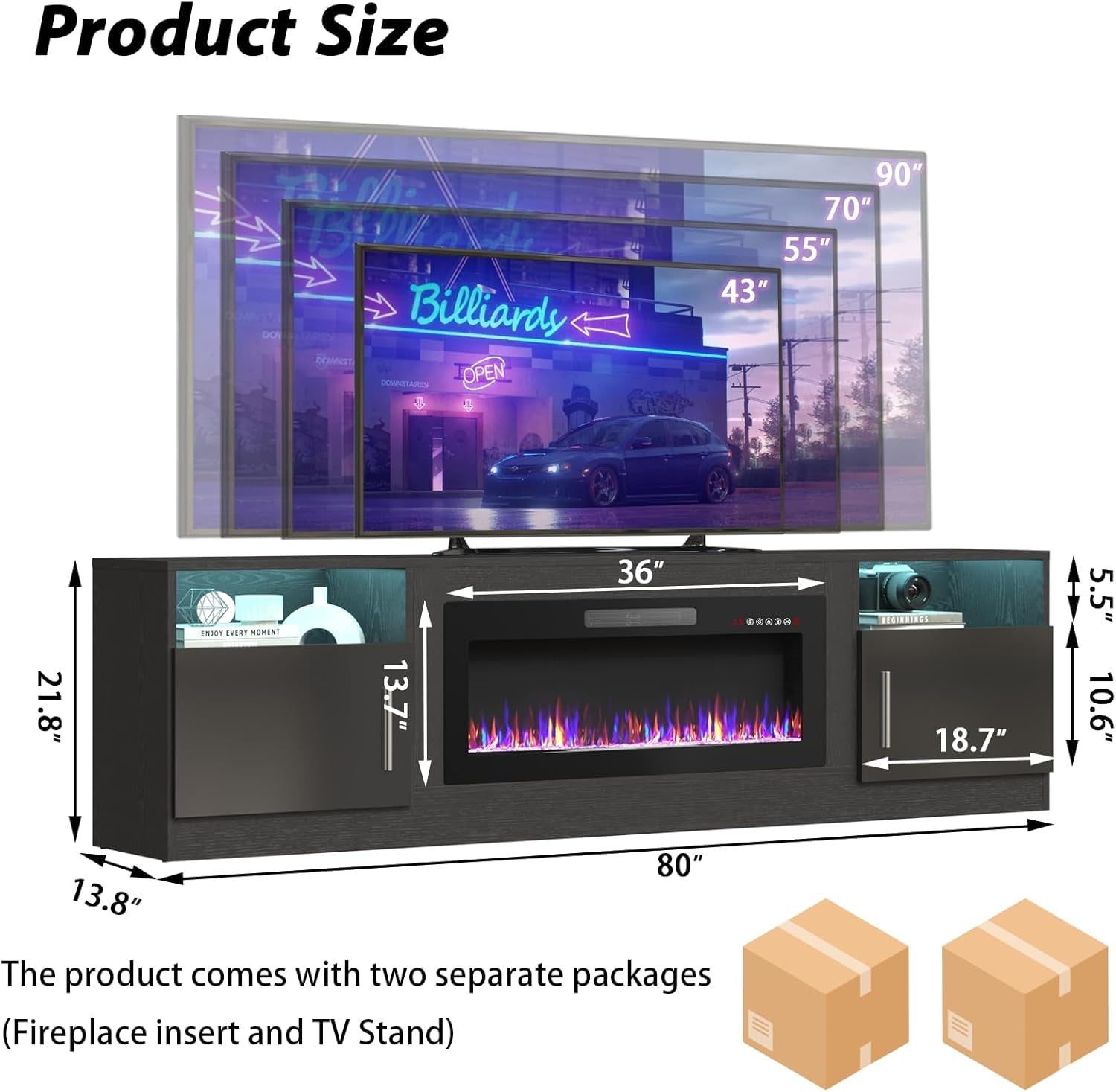 80 Inch TV Stand Electric Fireplace With LED Lighting Black-1