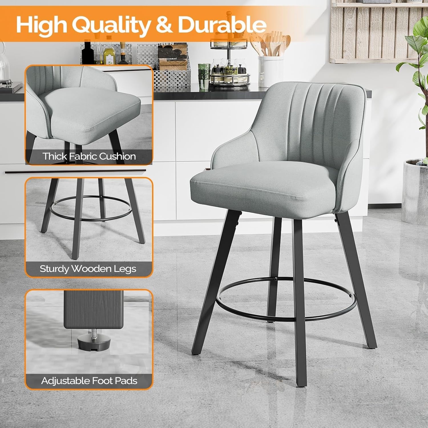 Linen Fabric Upholstered Swivel Barstools Set of Two-4