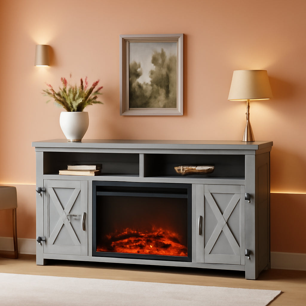 Rustic Fireplace TV Stand 65 Inch with Barn Doors Grey Wash-0