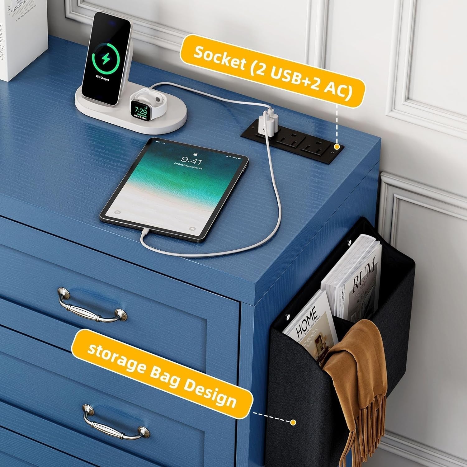 Blue 7-Drawer TV Stand for 65 Inch TV With Power Outlets-4