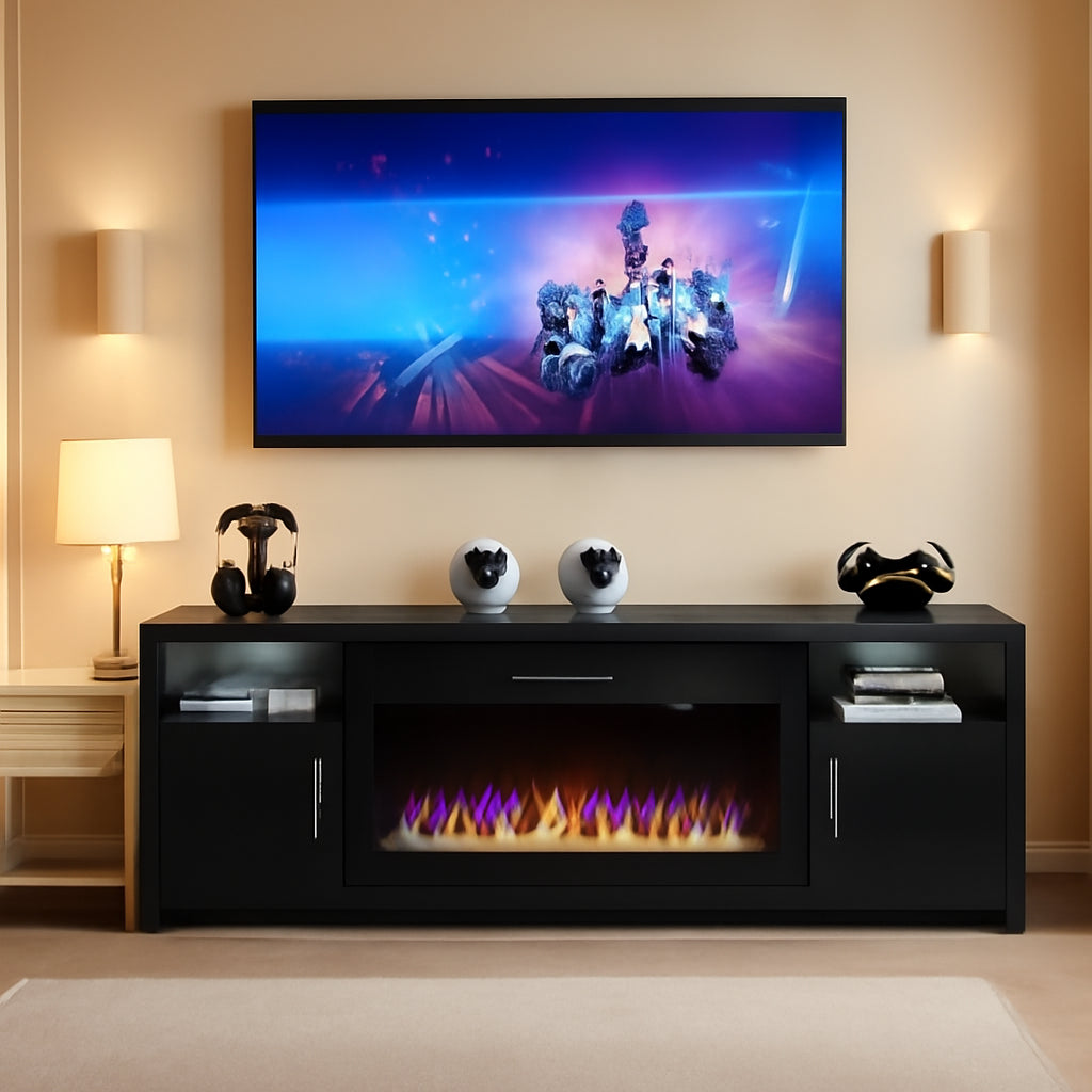 80 Inch TV Stand Electric Fireplace With LED Lighting Black-0