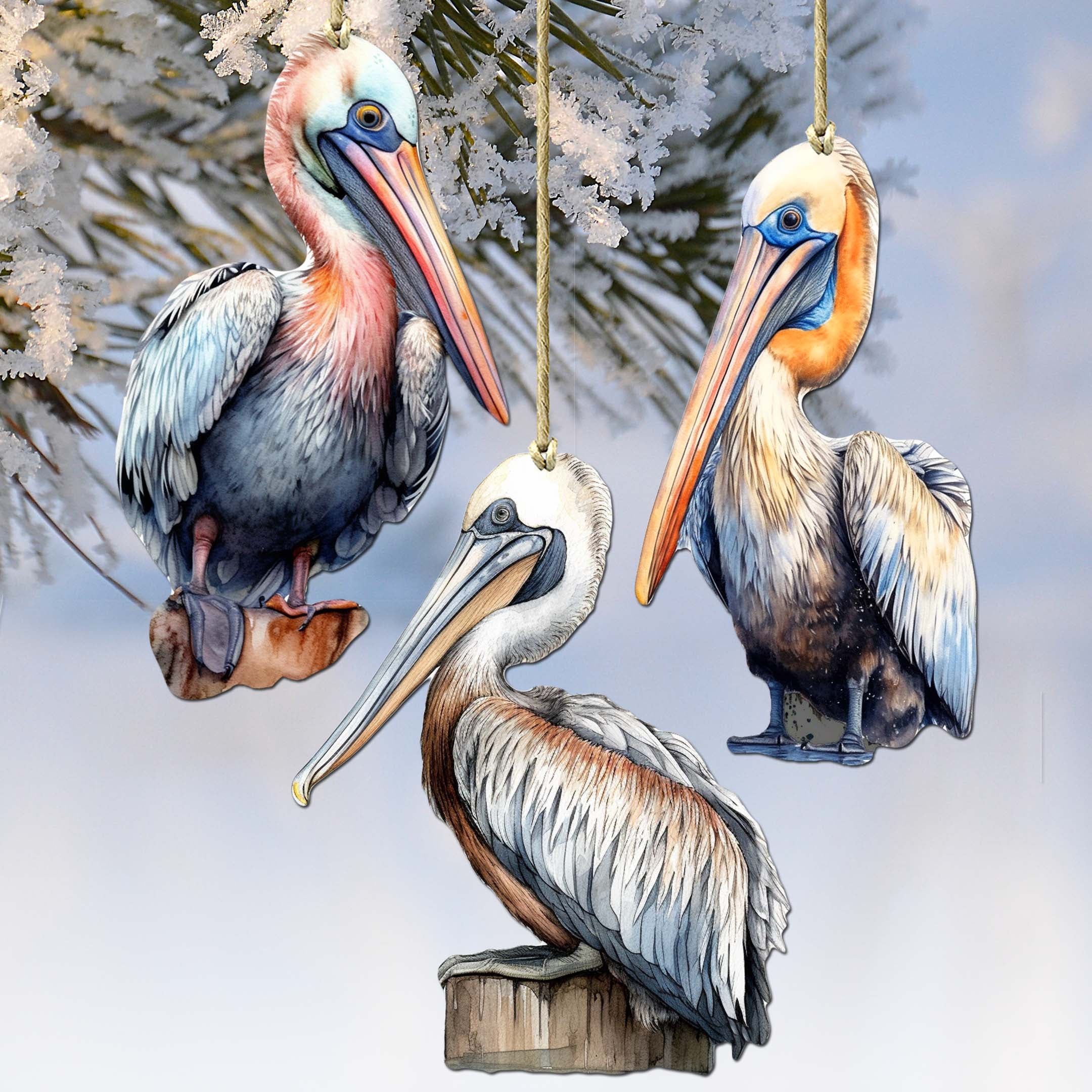 Pelicans Decorative Wooden Ornaments of 3 by G. Debrekht - Coastal Decor - 8091014-S3-0