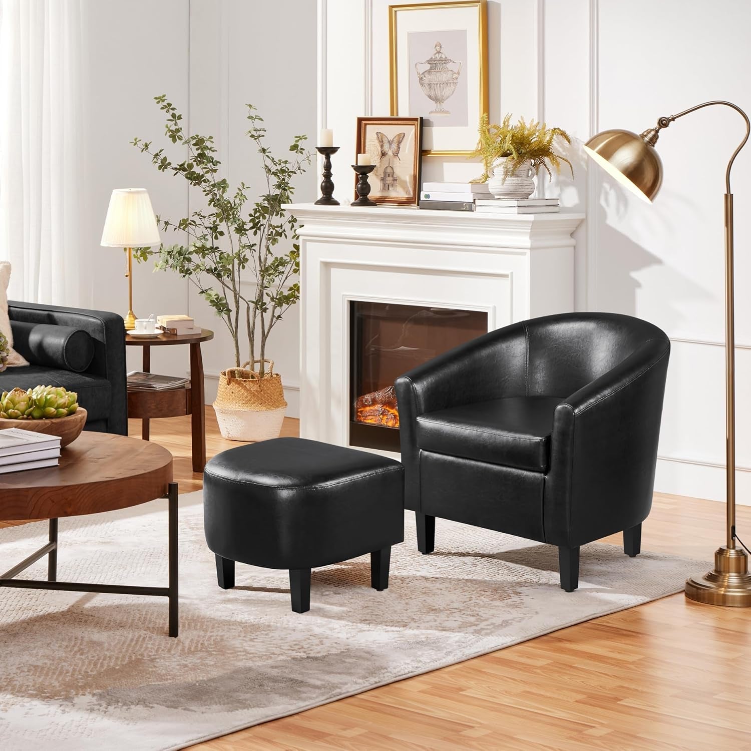 Modern Black Faux Leather Accent Chair With Ottoman Set-3