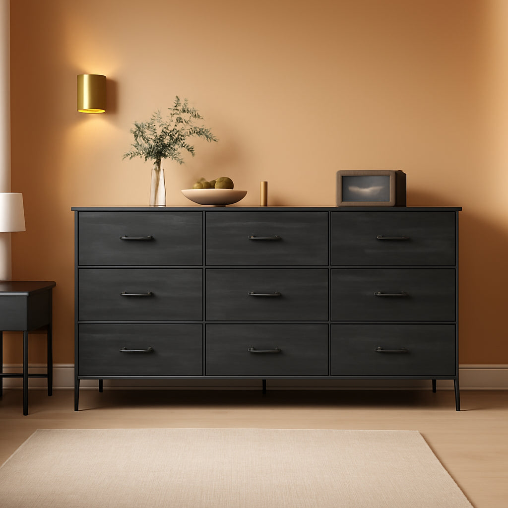 9 Drawer Dresser TV Stand For 55 Inch TV Charcoal Wood Grain-0