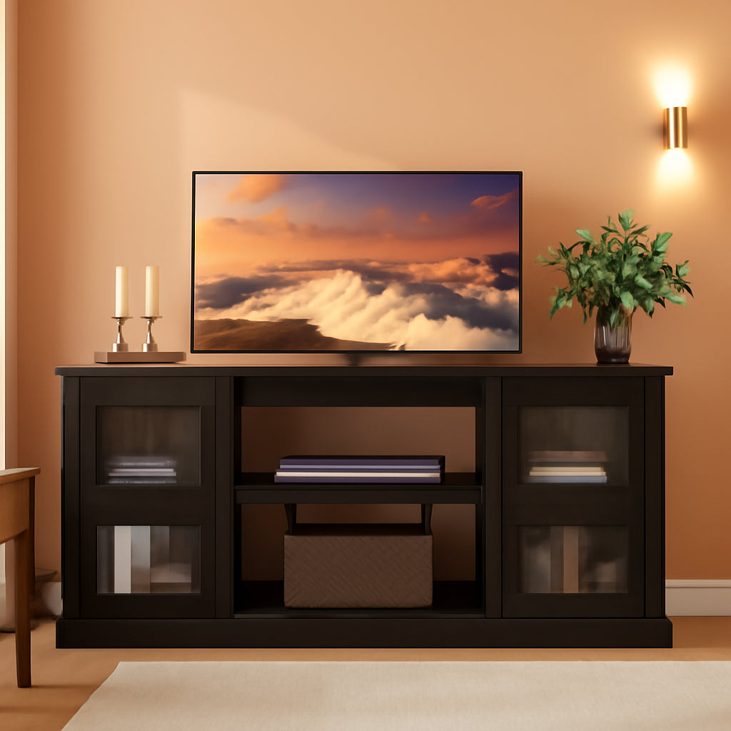 Retro TV Stand For 65 Inch TV With Storage And Open Shelves Black-0