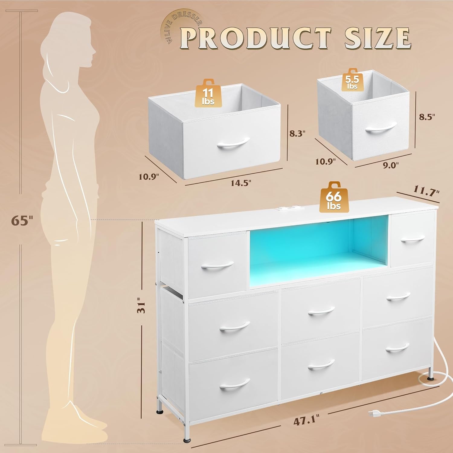 White Dresser TV Stand for 55 Inch TV with Charging Station LED Lights-2