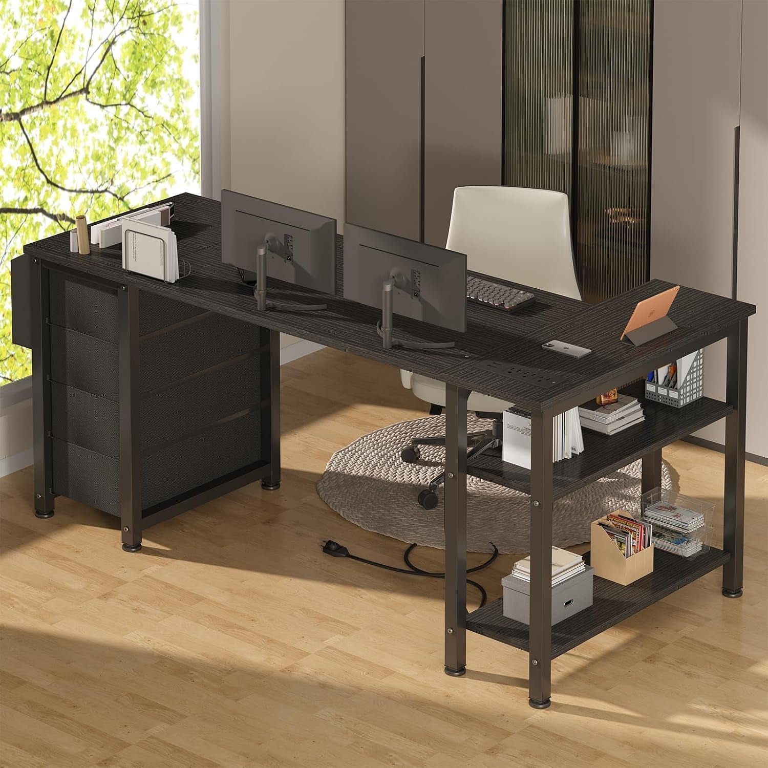 L Shaped Gaming Desk with Drawers & Storage Shelves, 55 Inch Corner Computer Desk with Power Outlet for Home Office Bedroom, L-Shaped Teen PC Desks with Fabric Drawer, Black-3