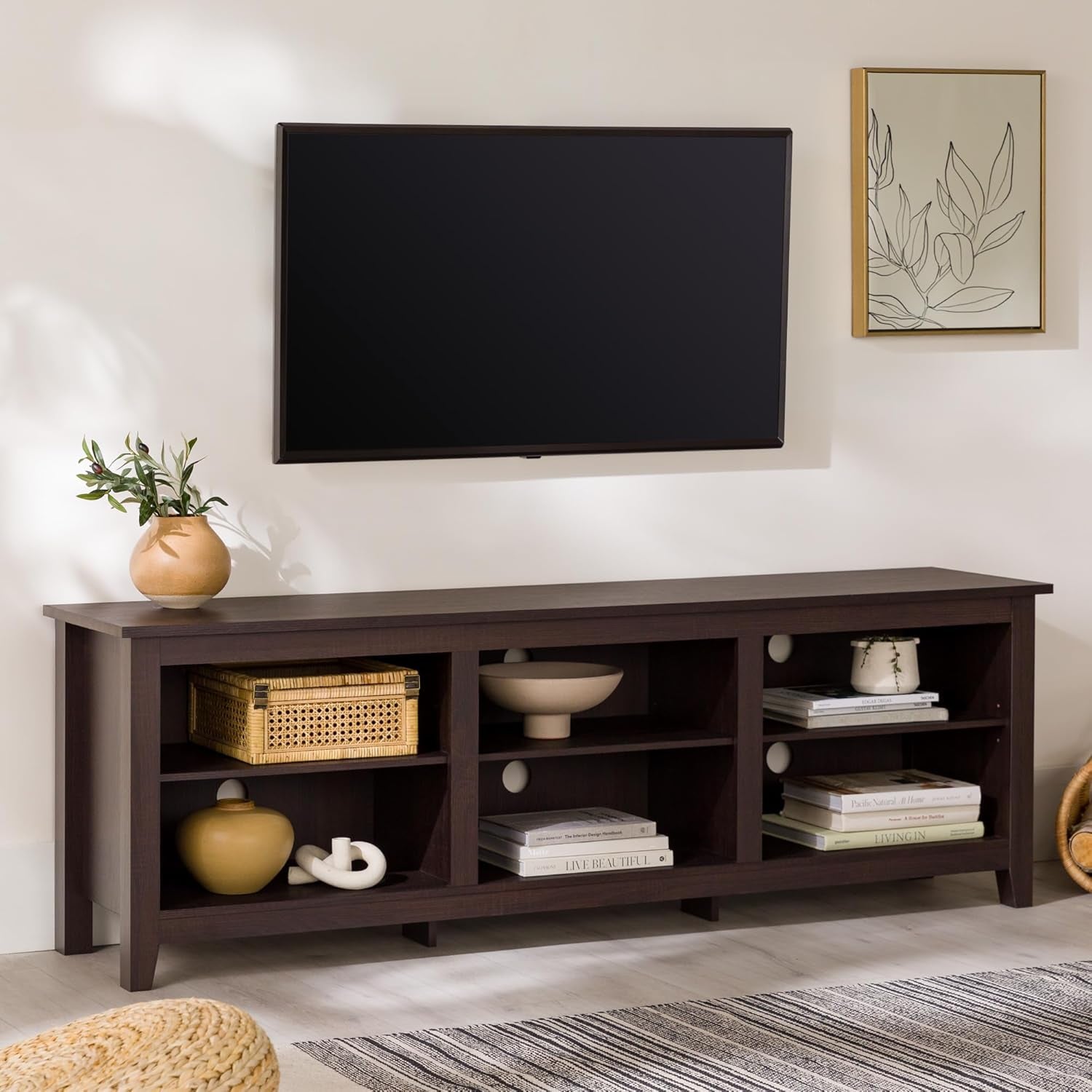 70 Inch TV Stand Espresso Finish With Adjustable Shelves-1