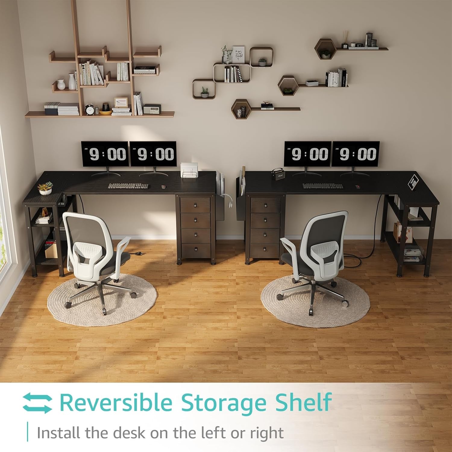 L Shaped Gaming Desk with Drawers & Storage Shelves, 55 Inch Corner Computer Desk with Power Outlet for Home Office Bedroom, L-Shaped Teen PC Desks with Fabric Drawer, Black-4