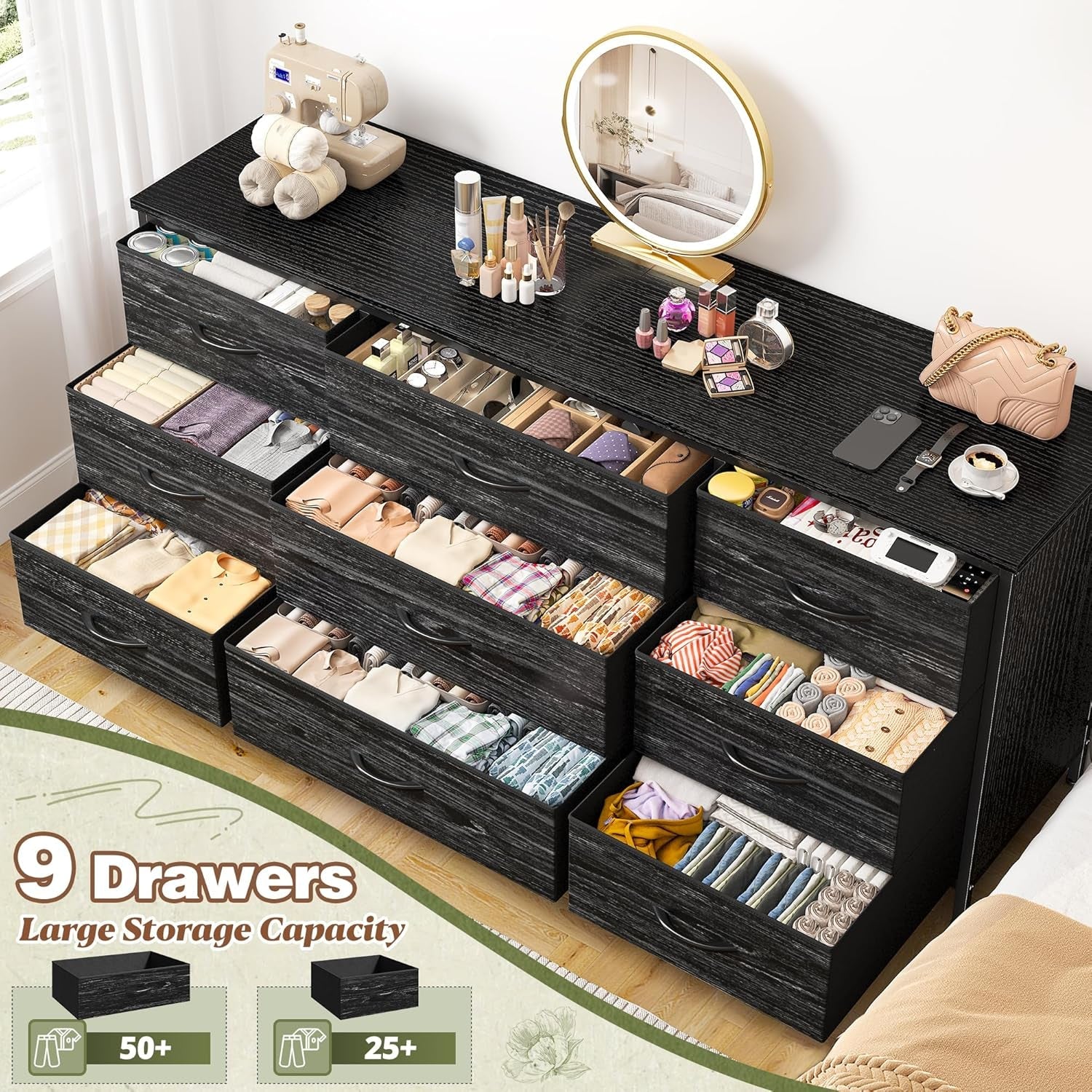 Dresser TV Stand for 60 Inch TV, 9 Drawer, Charcoal Black-3