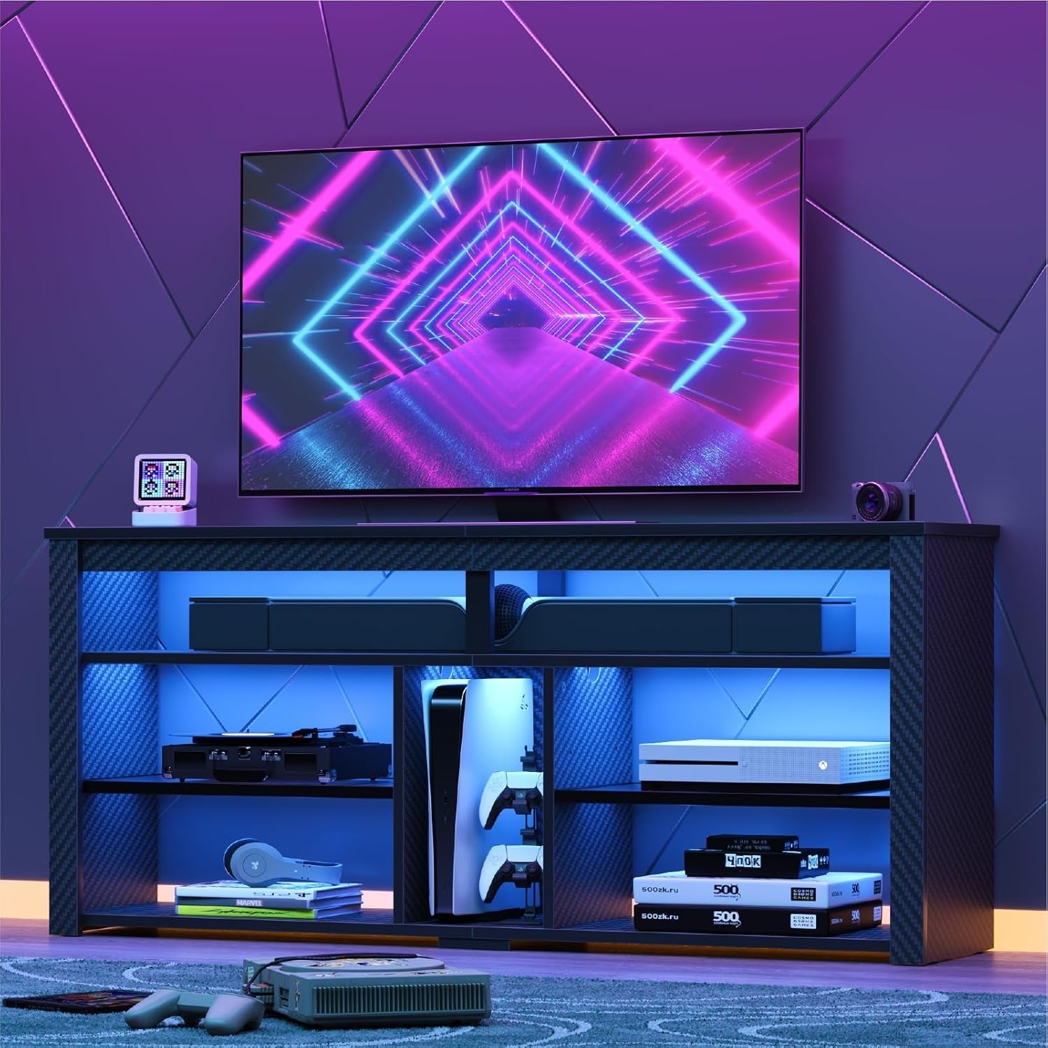 LED Tall TV Stand For 55-65 TV With Adjustable Shelves-2