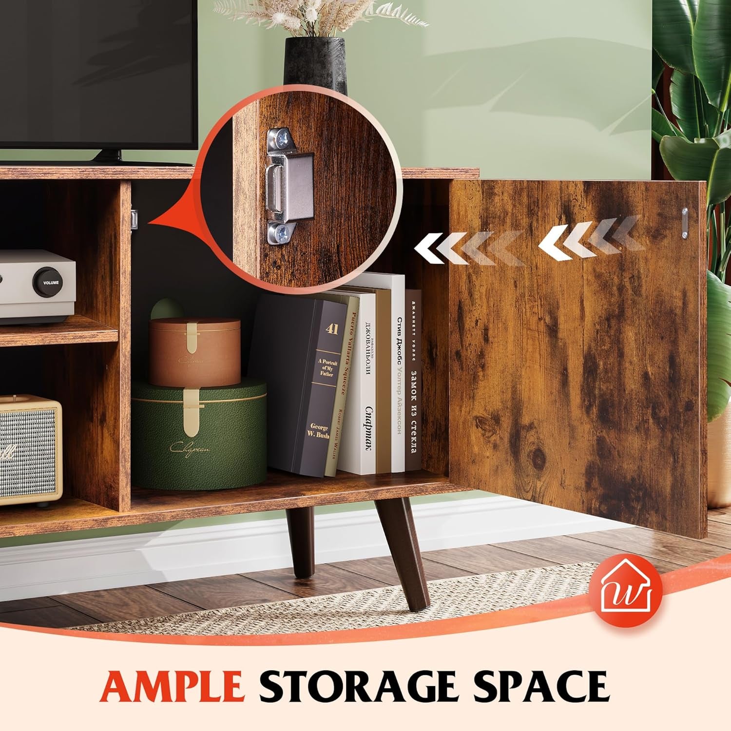 Mid Century TV Stand for 55 Inch TV Brown Wood Entertainment Center With Storage-3