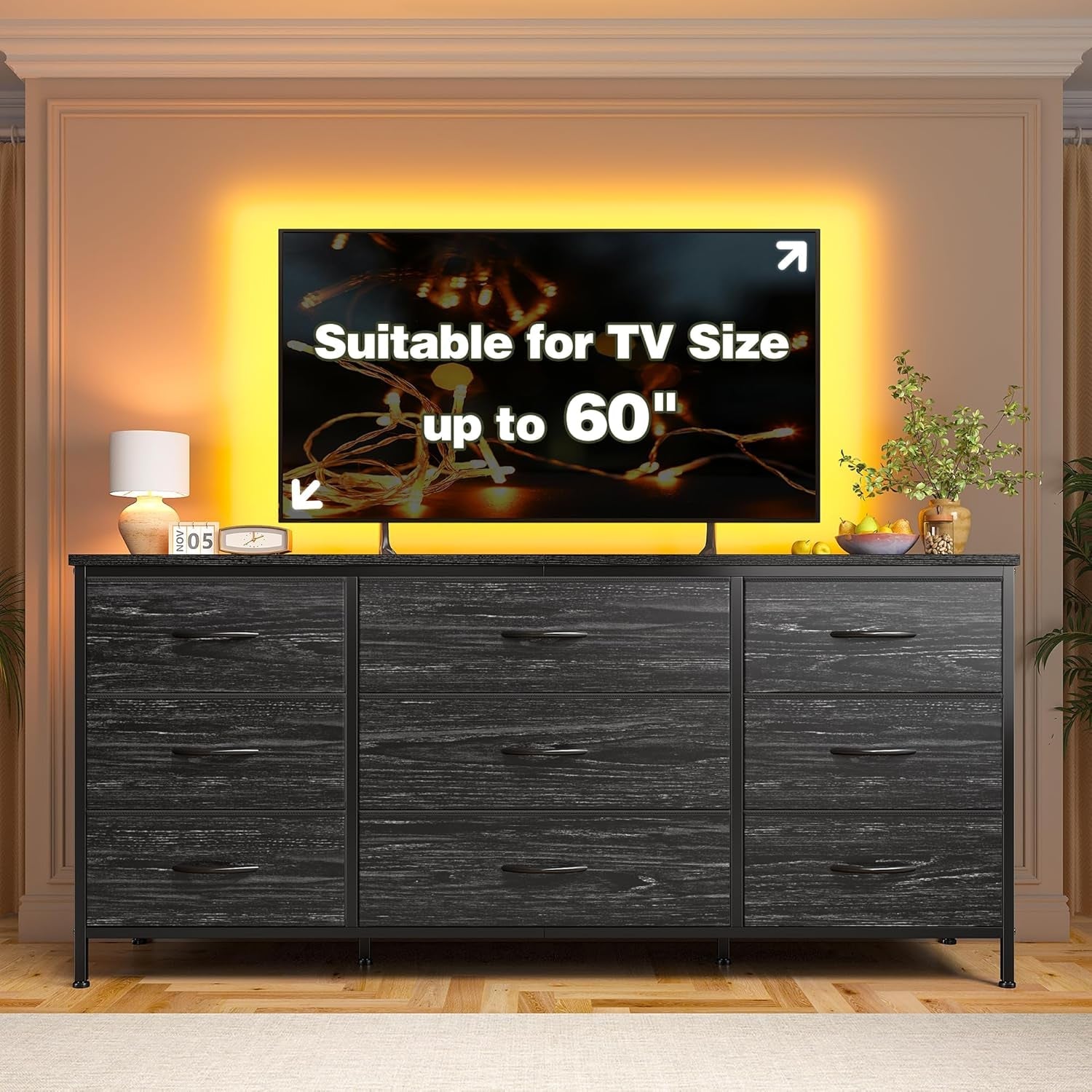 Dresser TV Stand for 60 Inch TV, 9 Drawer, Charcoal Black-1