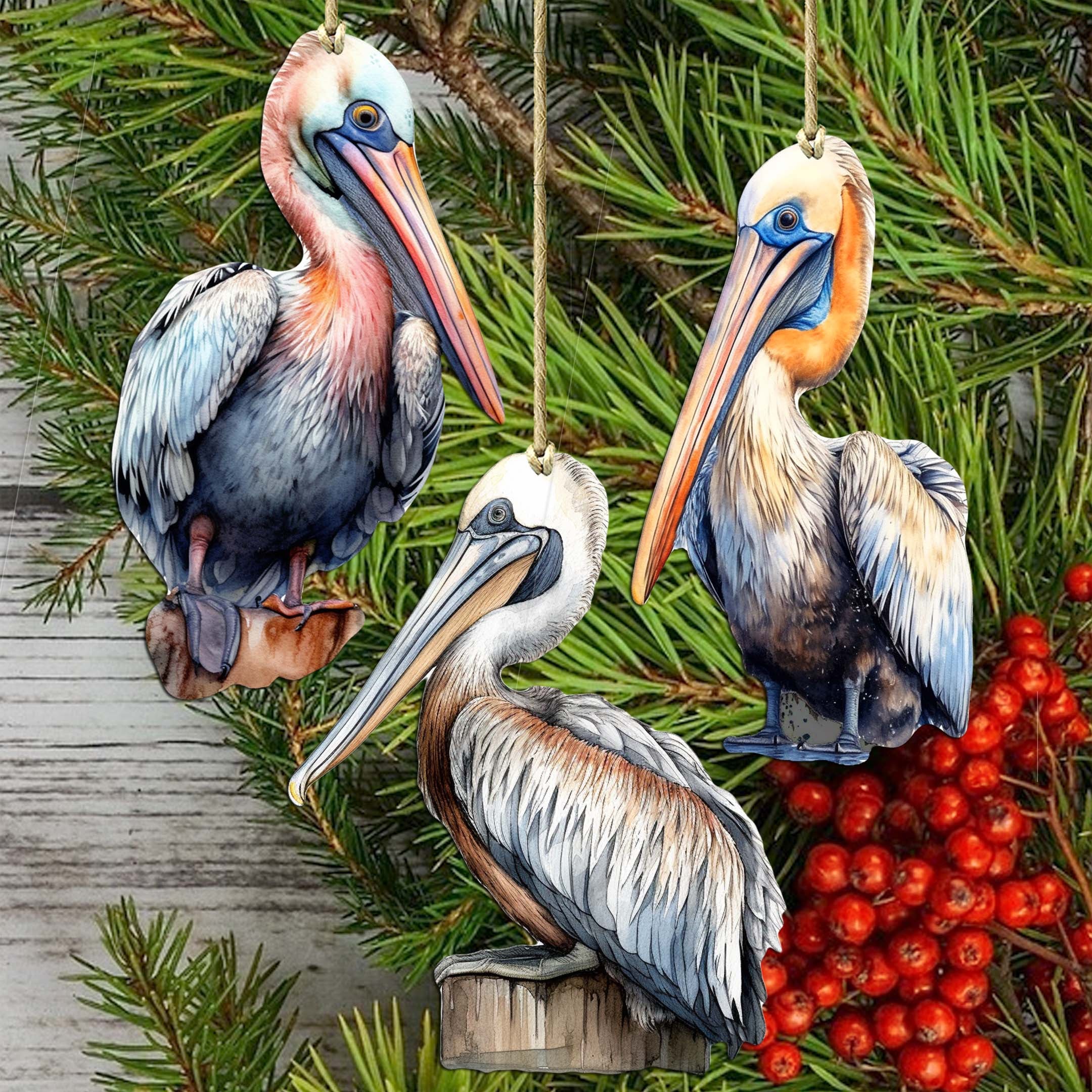 Pelicans Decorative Wooden Ornaments of 3 by G. Debrekht - Coastal Decor - 8091014-S3-2