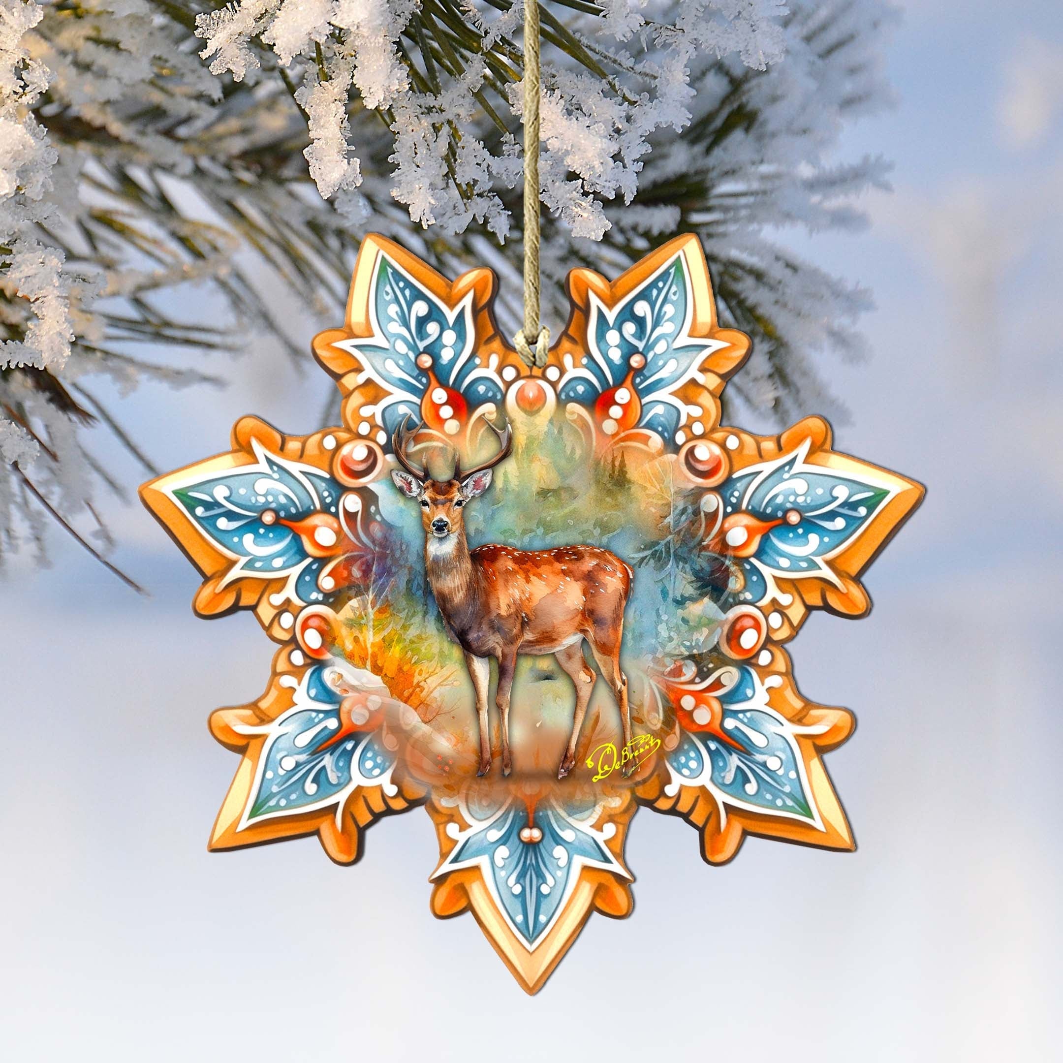 Forest Elk Snowflake Large Wooden Ornament by G. Debrekht - Nature Wildlife Decor - 8688413M-3
