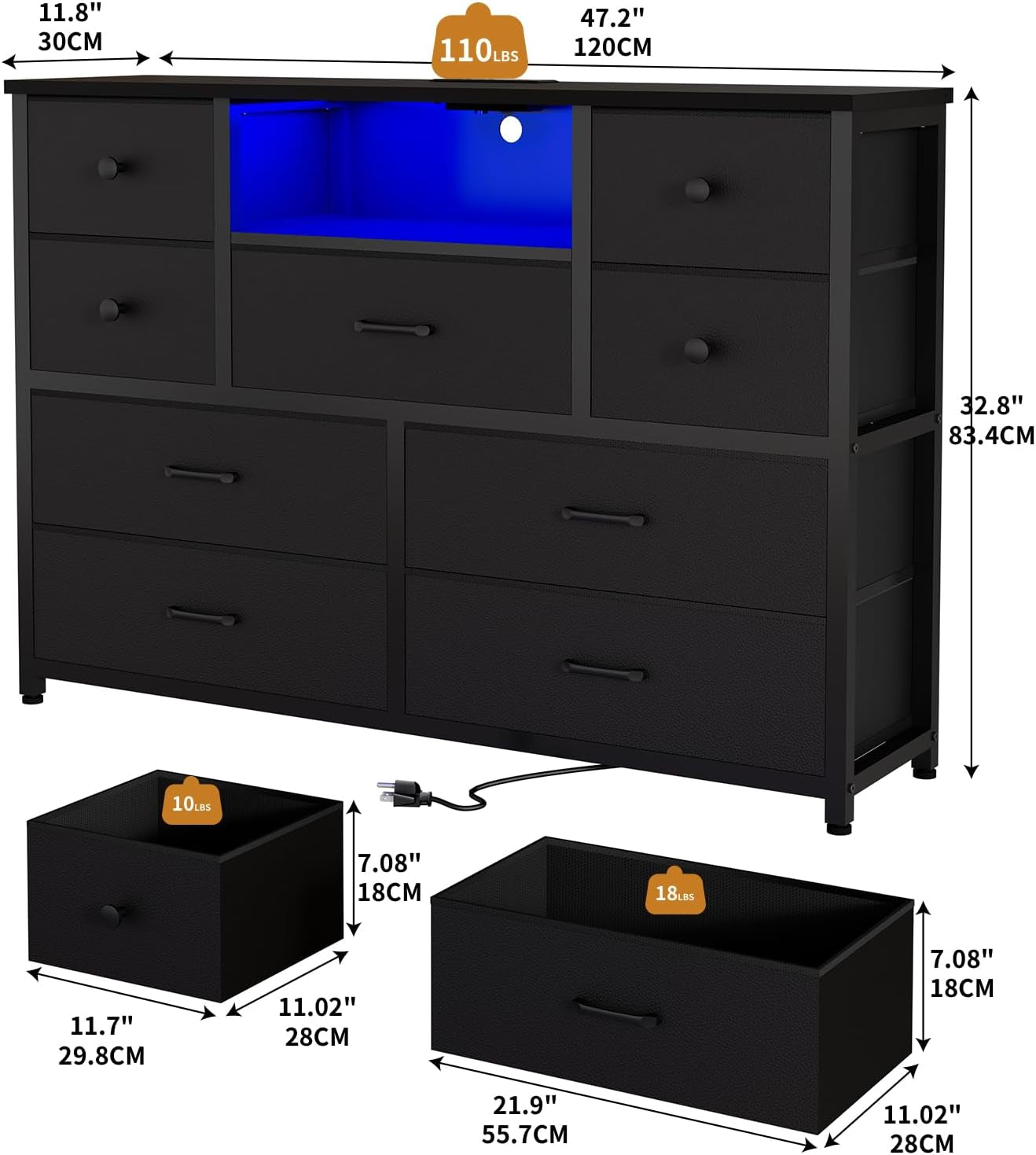 Charcoal Nine Drawer Wardrobe TV Stand With LED Lighting-2