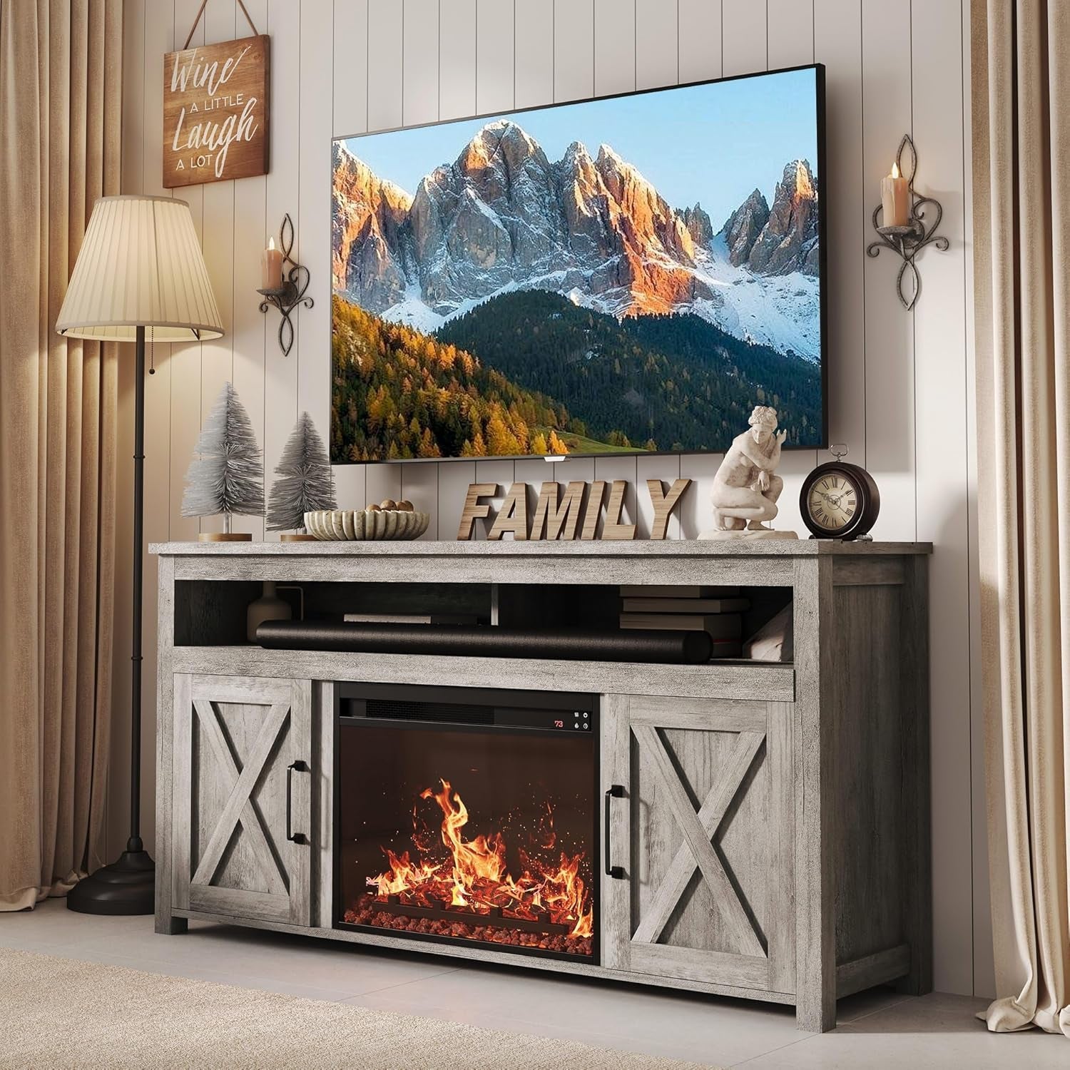 Barn Door Electric Fireplace TV Stand For 65 Inch TVs Gray-4