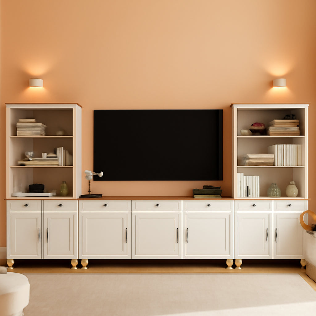 Farmhouse TV Stand For 75 Inch TV Off White 8 Doors-0