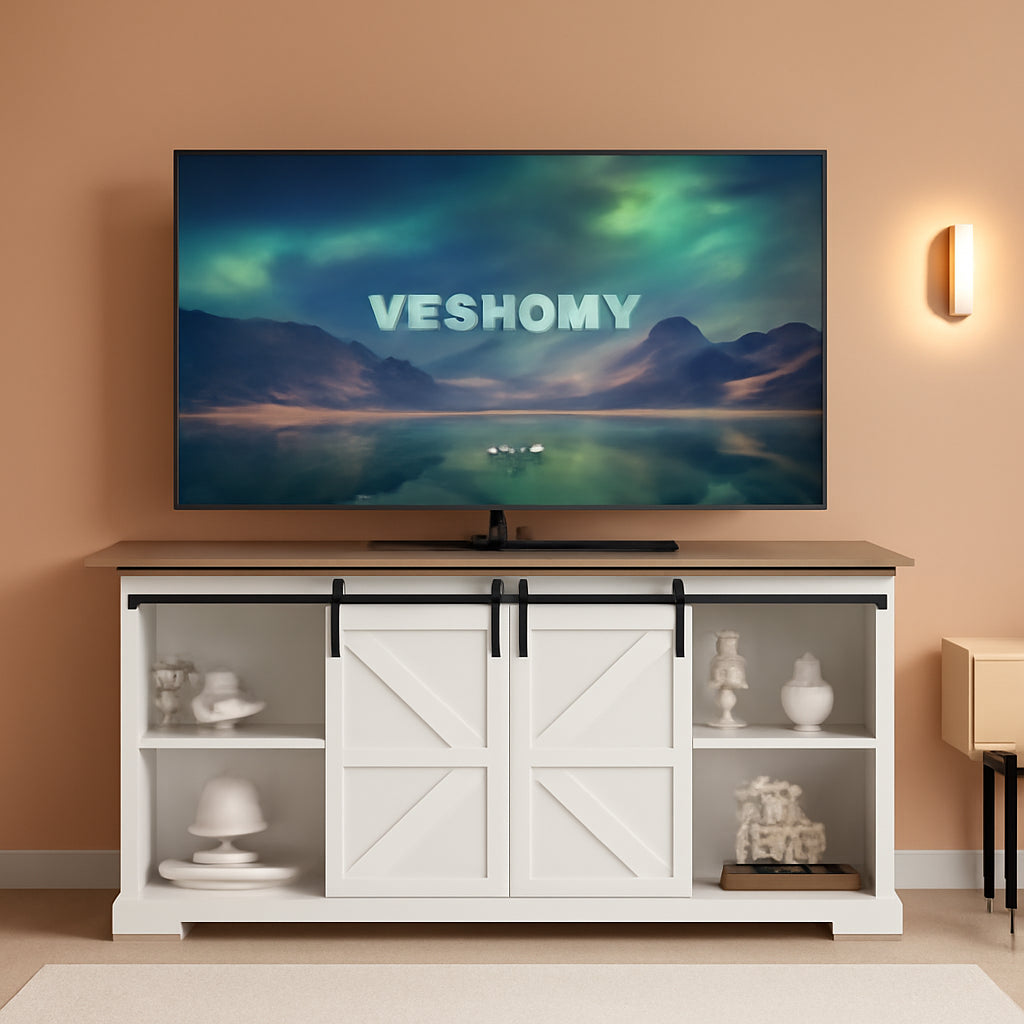 White TV Stand With Sliding Barn Doors For Living Room-0