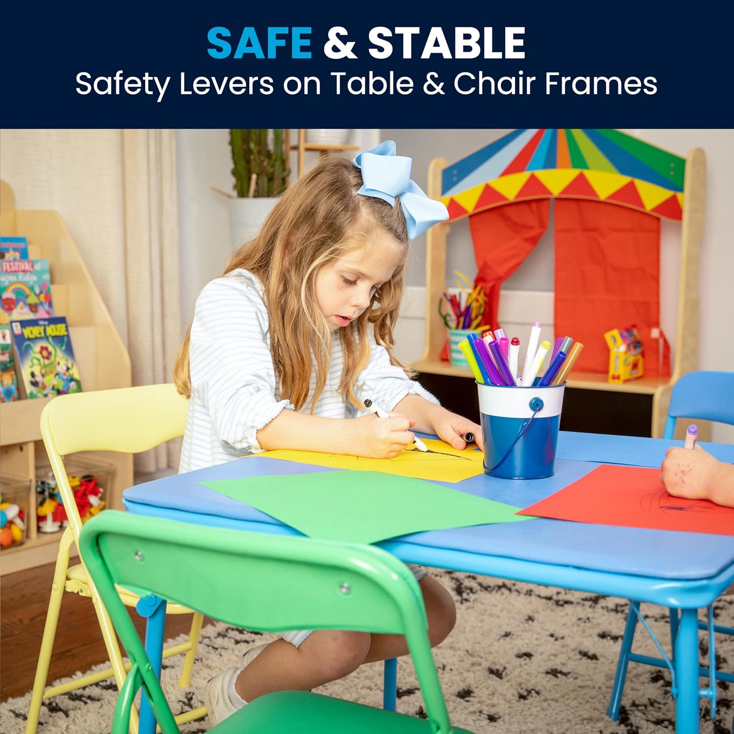 Foldable kids table and chair set for playroom use