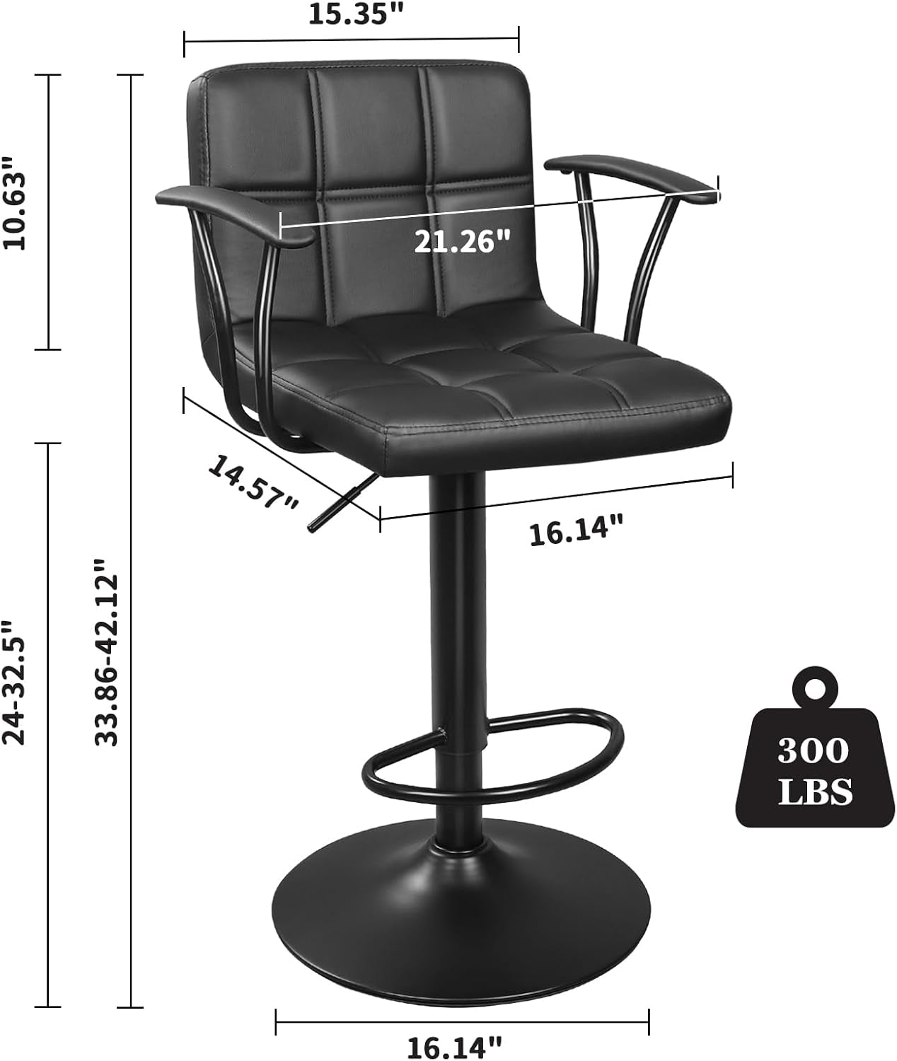 Bar Stools Set of 2, Armrest Adjustable Swivel Barstools with Back, Double Needle PU Leather Counter Height Chairs for Kitchen Lsland (Black)-2