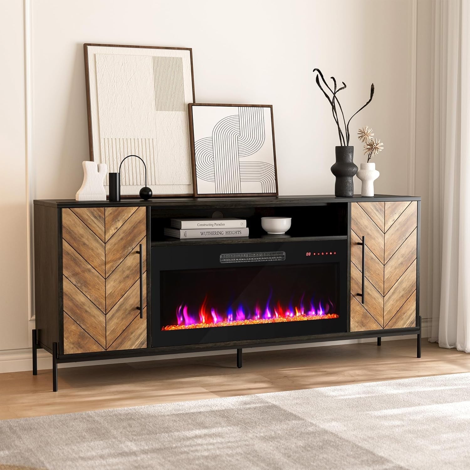 68 Inch TV Stand With 36 Inch Electric Fireplace Heater-1