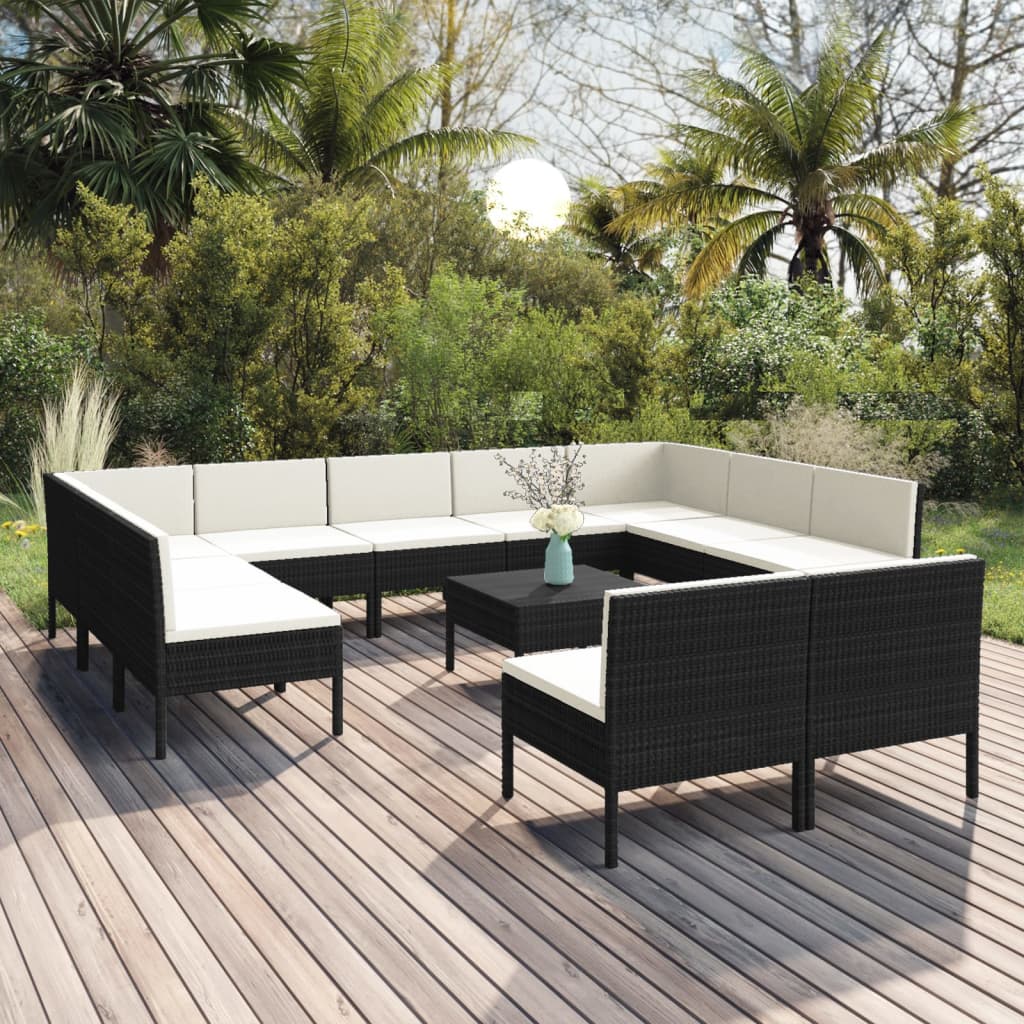 vidaXL 12 Piece Patio Lounge Set with Cushions Poly Rattan Black-0