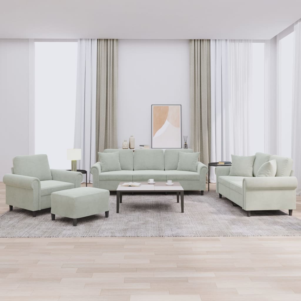 NNEVL 4 Piece Sofa Set with Pillows Light Grey Velvet-0