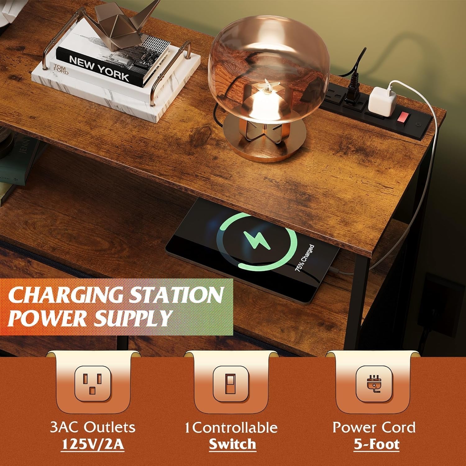 Rustic Brown TV Stand With Built In Charging Station-4