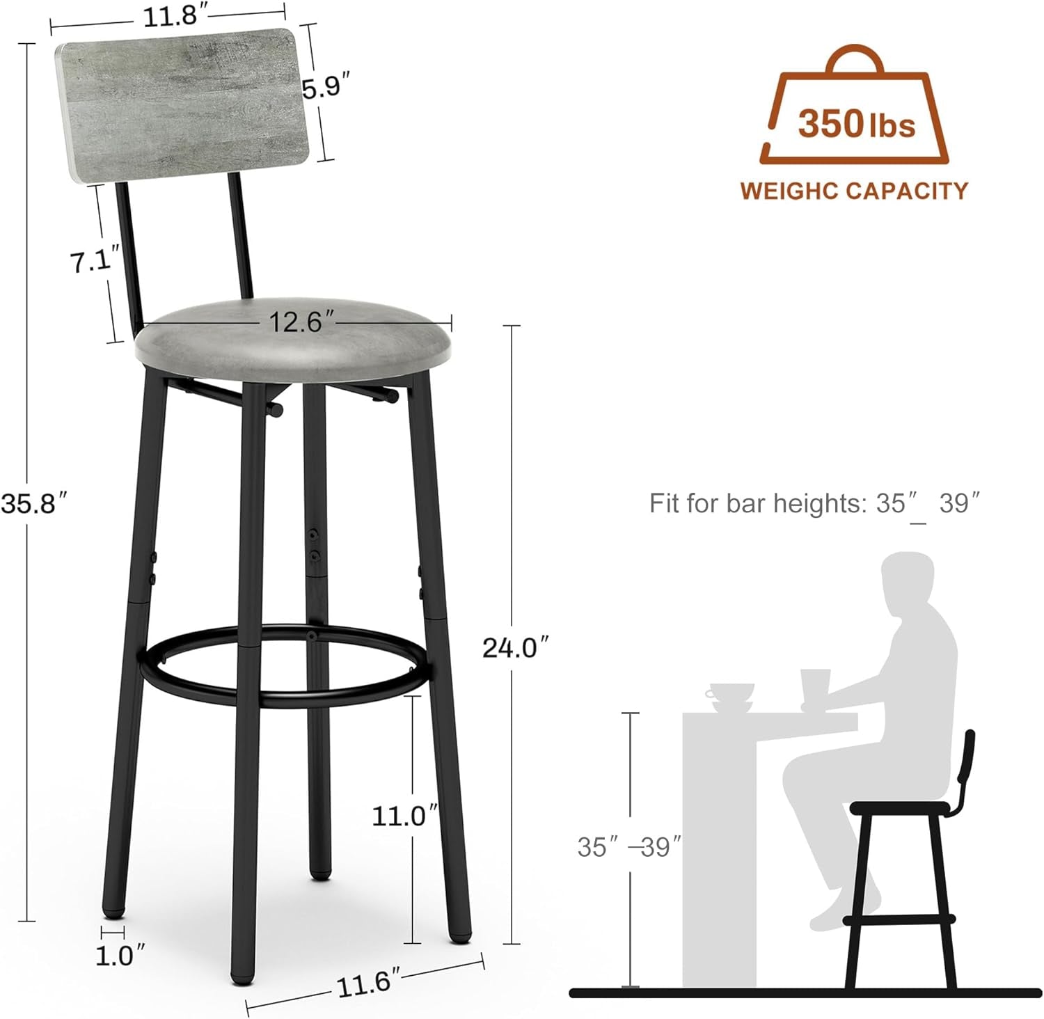 Ergonomic Gray and Black Bar Stools with Backrest-2