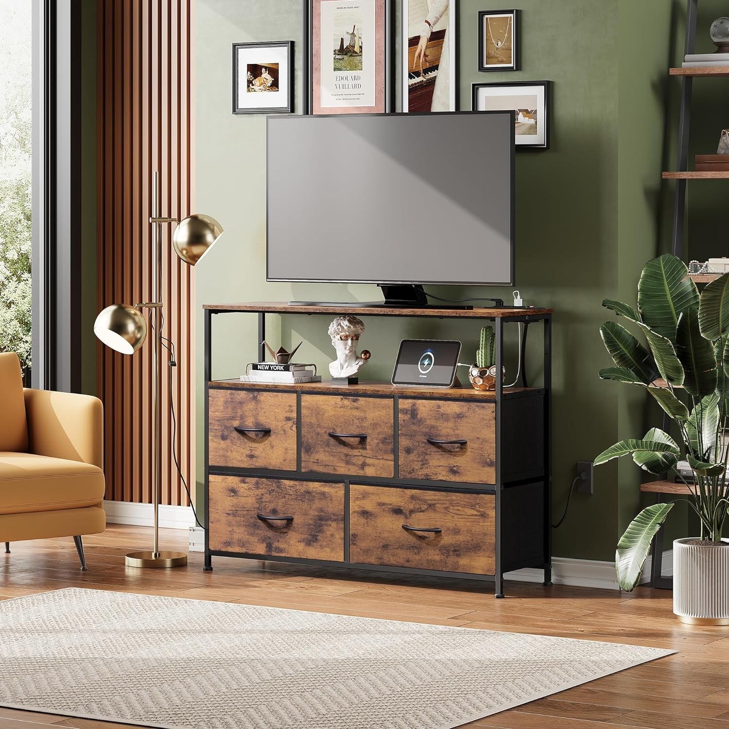 Rustic Brown TV Stand With Built In Charging Station-1