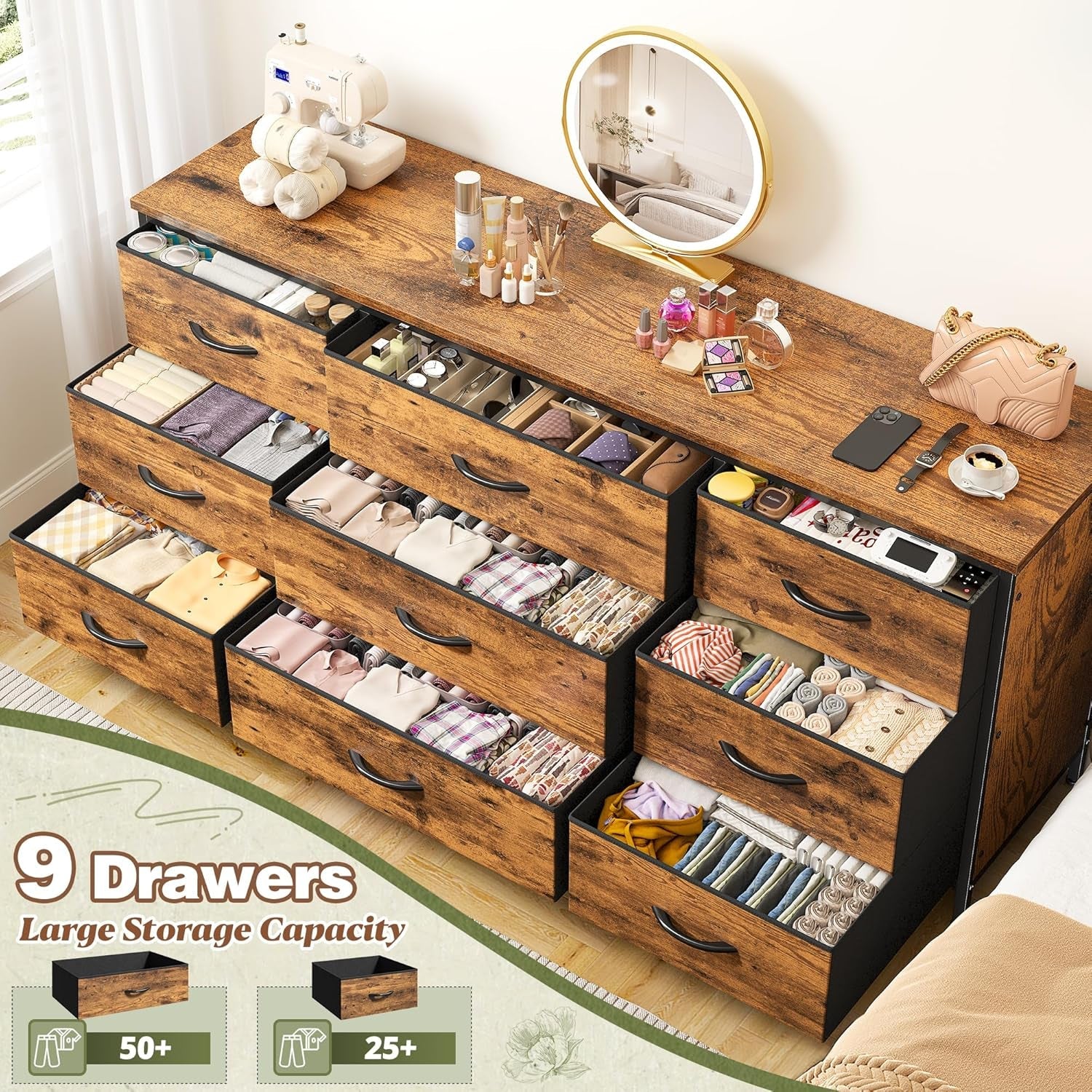 9 Drawer Dresser TV Stand For 60 Inch TV Modern Console-4