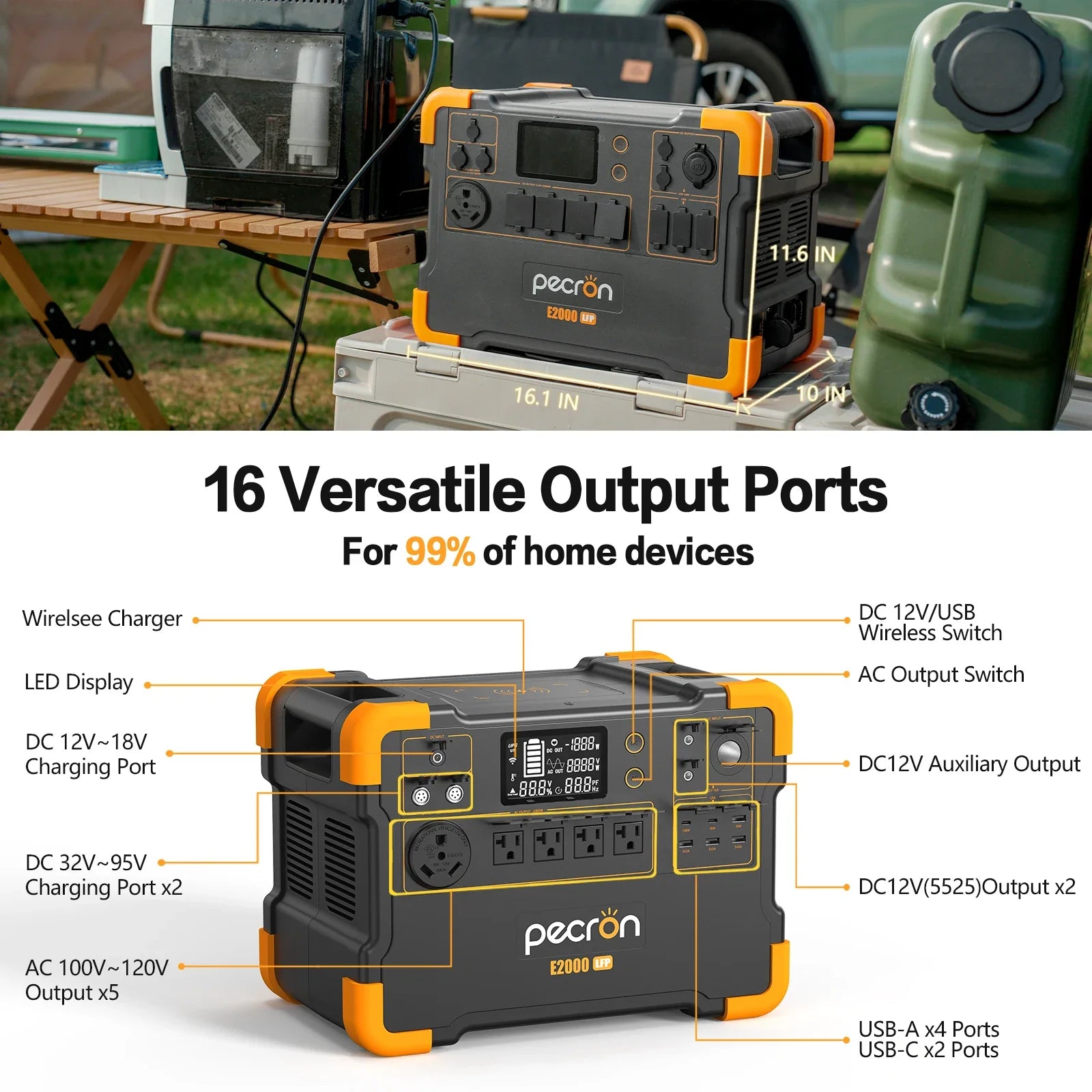 Pecron E2000LFP Portable Power Station 1920Wh Expandable to 8064Wh LiFePO4 Battery 2000W Solar Generator for Home, Camping, RV-3