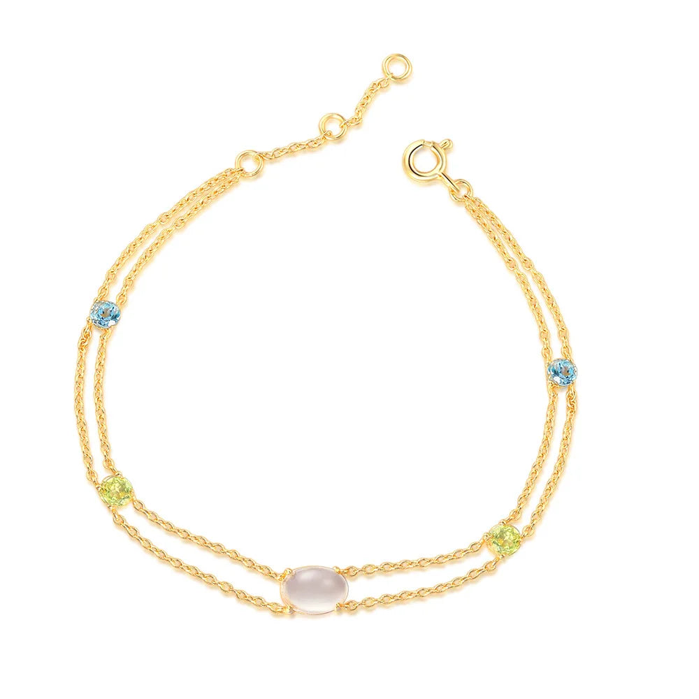 Pulseira Feminina De Prata Natural Gemstone Rose Quartz Topaz Peridot S925 Link Chain Bracelet HI062-6