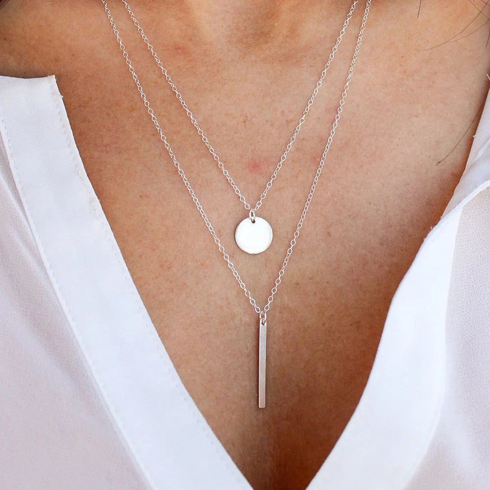 Layered Necklace Set Bar Pendant Women Stainless Steel Necklace Trendy 14k Gold Plated Geometric Disc Jewelry Gold Chain-3