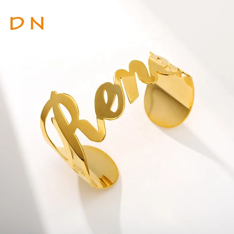 Dina Wholesale Trendy Women Punk Style 18K Gold Plated Wide Custom Names Stainless Steel Open Cuff Bangle Jewelry-0