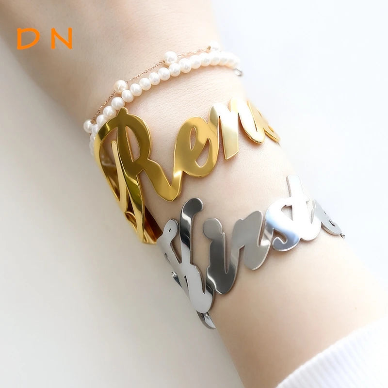 Dina Wholesale Trendy Women Punk Style 18K Gold Plated Wide Custom Names Stainless Steel Open Cuff Bangle Jewelry-7