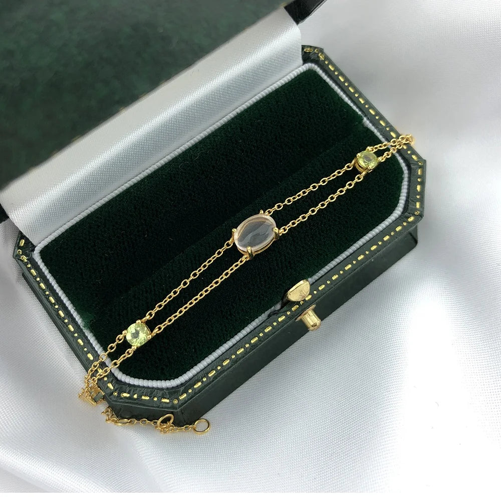 Pulseira Feminina De Prata Natural Gemstone Rose Quartz Topaz Peridot S925 Link Chain Bracelet HI062-2