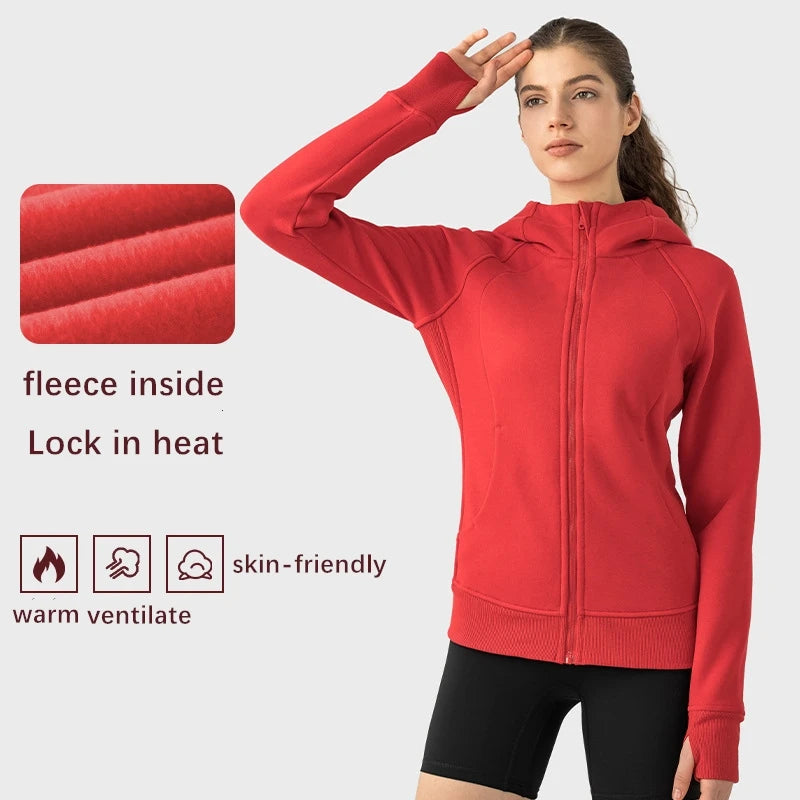 Xsunwing Custom Logo Fitness Coat Sports Wear Outwear Women Running Jackets With Thick Full Zip up Face Hoodie Sweater WDQ028-2