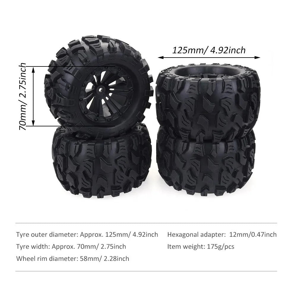 4PCS 125Mm 1/10 Monster Truck Tire & Wheel Hex 12Mm for Tamiya Kyosho HPI HSP Savage XS TM Flux LRP-3