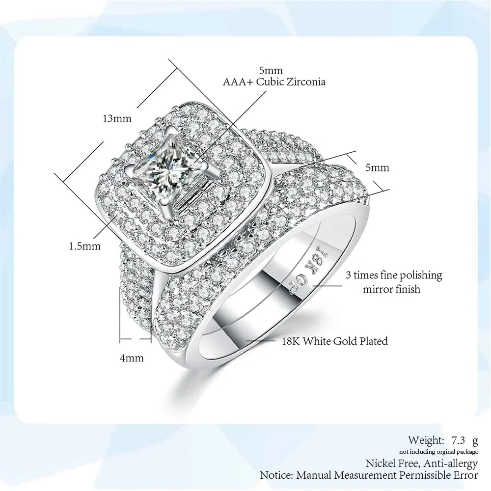 Hot Selling Women's Gorgeous Princess Cut Cubic Zirconia Promise Engagement Bridal Wedding Ring Set-5