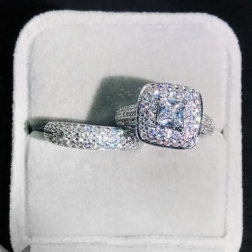 Hot Selling Women's Gorgeous Princess Cut Cubic Zirconia Promise Engagement Bridal Wedding Ring Set-1