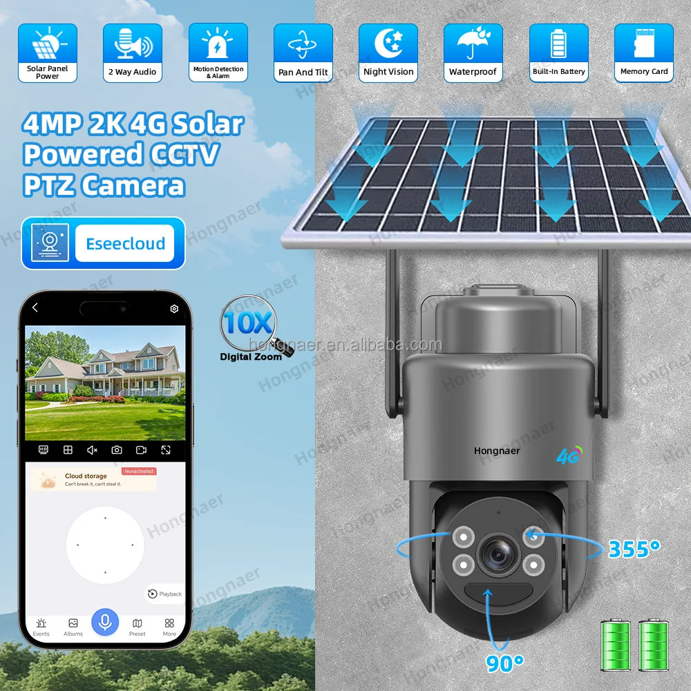 Hongnaer 4MP Solar Panel Powered 4G Wireless Network Surveil PTZ Camera Eseecloud Outdoor 4G Sim Card CCTV Solar Security Camera-1