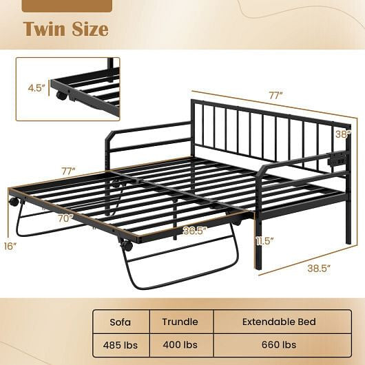 Adjustable Metal Twin Size Daybed with Charging Station and LED Light-Black-2