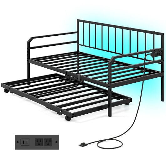 Adjustable Metal Twin Size Daybed with Charging Station and LED Light-Black-9