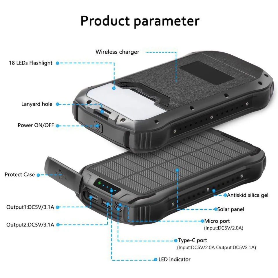 New IP65 Waterproof Power Bank 20000mAh Wireless Dual USB Solar Power Bank-5