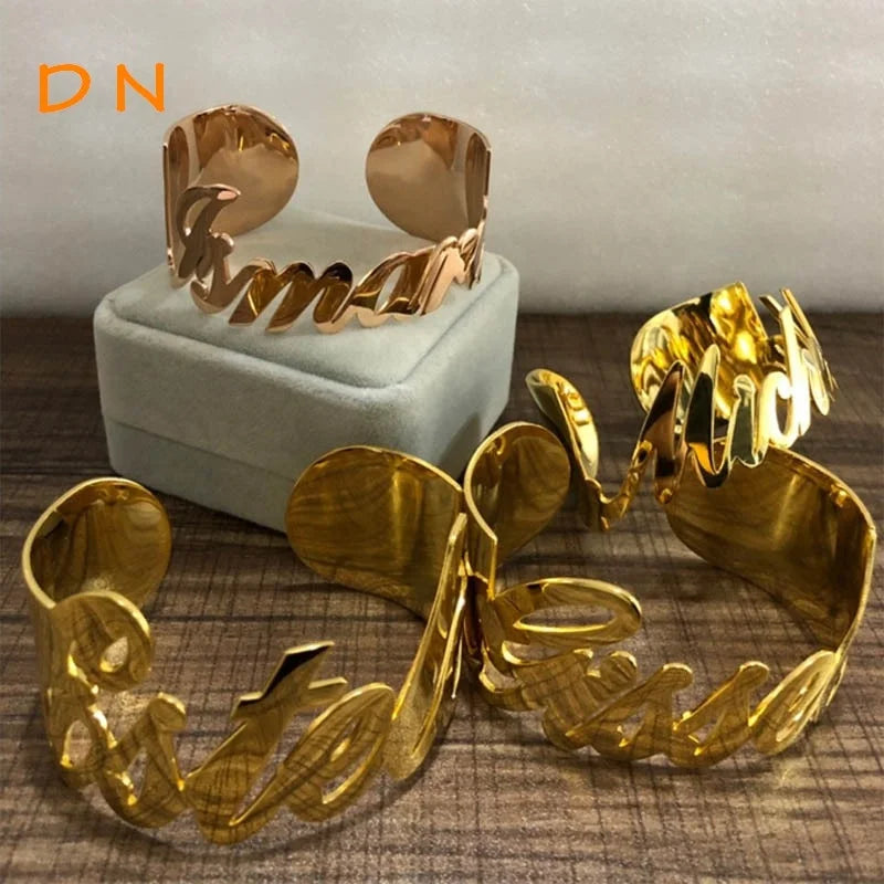 Dina Wholesale Trendy Women Punk Style 18K Gold Plated Wide Custom Names Stainless Steel Open Cuff Bangle Jewelry-1
