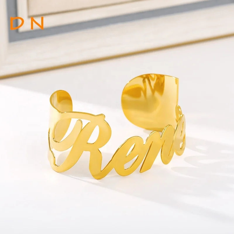 Dina Wholesale Trendy Women Punk Style 18K Gold Plated Wide Custom Names Stainless Steel Open Cuff Bangle Jewelry-4